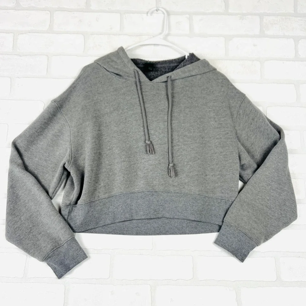 Gray Cropped‎ Hoodie Drawstring Pullover Long Sleeve Casual Comfy xS - Picture 12 of 12